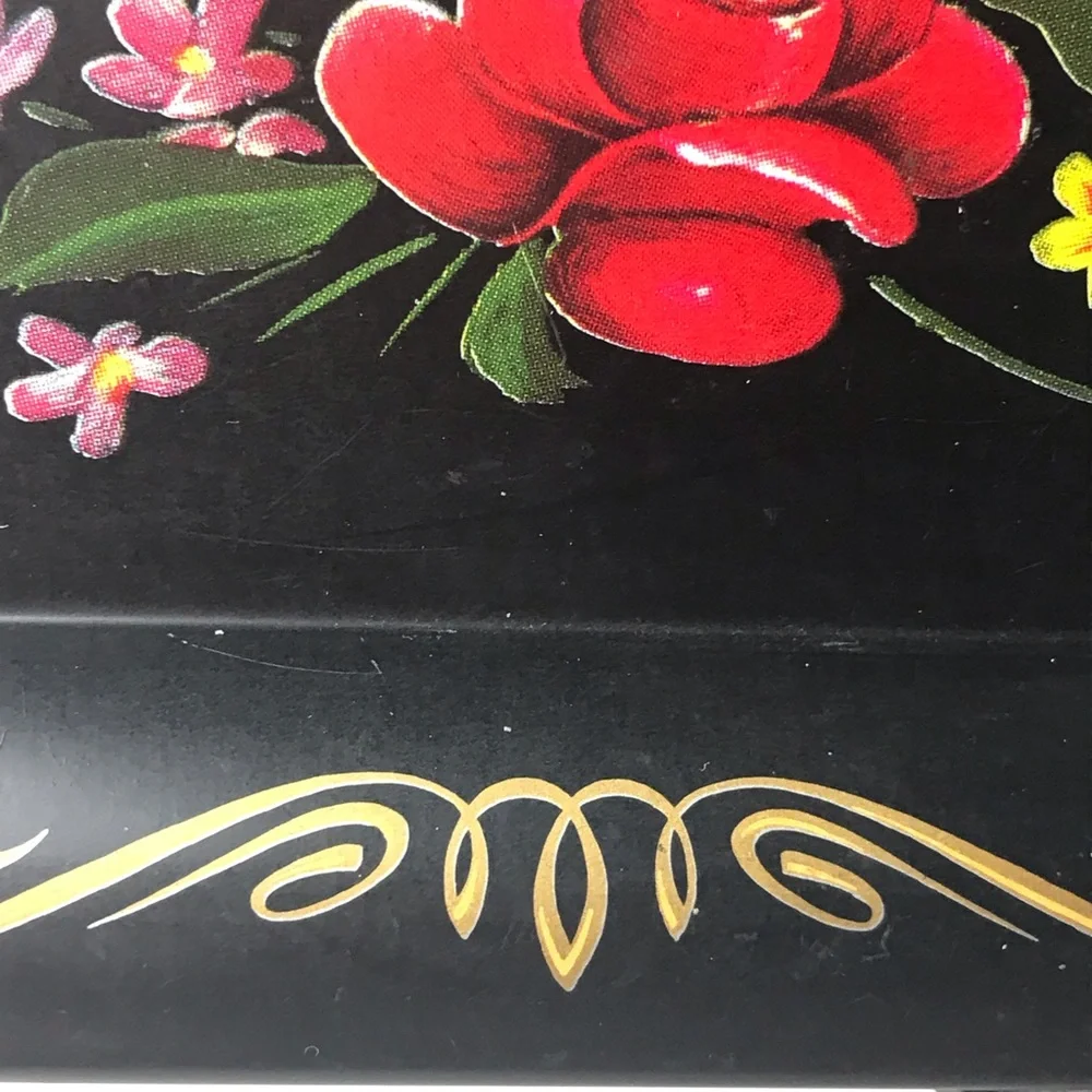 VINTAGE TOLE TRAY METAL HAND PAINTED BLACK FLORAL TRINKET DISH